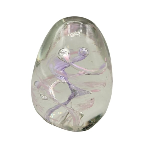 Glass Paperweight Clear Purple Lavender Pink Egg Shaped Artist Signed - Picture 2 of 6